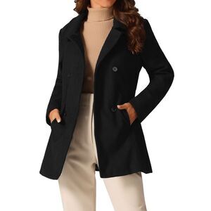 Peacoat Double Breasted Button Outerwear Winter Coat Black